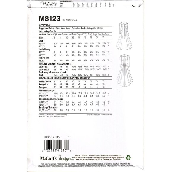 McCalls M8123 Misses 6 to 14 Historical Full Length Coat Uncut Sewing Pattern - Picture 2 of 2